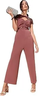 Women's Mauve & Wine Round Neck Short Sleeve Embellished Regular Jumpsuit