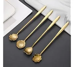 Gold Tone Dessert Spoon Set with Decorative Flower and Heart Shaped Spoon Heads 4 Pcs AG4S-6