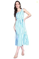 POPWINGS Women Casual Blue & White Stripe Long Belt Dress Dress | Stylish Dress | Trendy Dress