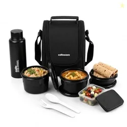 CELLO MF All In One Lunch Box with Bag for Office Use, Black | 225ml, 375ml, 550ml Microwave Safe Containers, 175ml Salad Box, 500ml Bottle with Fork