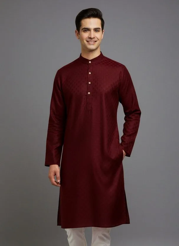 Tibra Collection Solid Cotton Blend Straight Kurta for Men (Maroo...more