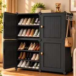 Plastic Shoe Rack with Door for Home | 8 Shelf, 4 Door DIY Shoe Cabinet | Metal Door Frame | Chappal, Slipper & Shoe Stand | 64 x 84 x 32 cm (Grey, 4