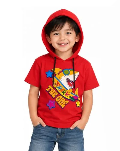 WINGS 2 FLY Boys Half Sleeve Hooded T-Shirt | Stylish Hoodie Tee for Kids | Order multiple quantities to receive both Red and navy colors.