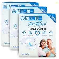 Arokleen (ISI CERTIFIED) Adult Diapers Tape Style | Medium (M) Size, 30 Count, Waist Size (72-102cm | 28"- 40" inches), Unisex, High Absorbency, Leak Proof, Overnight Protection, Odour lock, Anti-Bacterial Absorbent Core-Pack of 3
