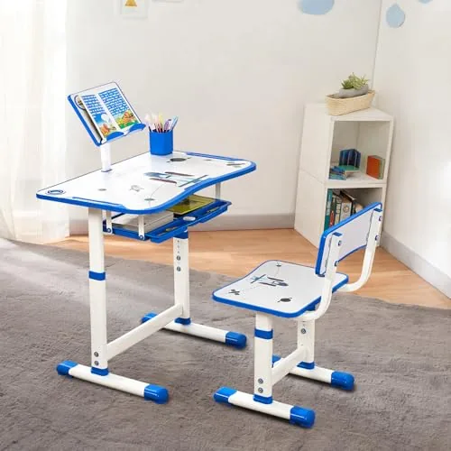 Amazon Brand - Jam & Honey Kids Functional Desk and Chair Set, Height Adjustable Children School Study Table with Book Holder Slot | Age 3+ Years (Blue) | Iron & Wood