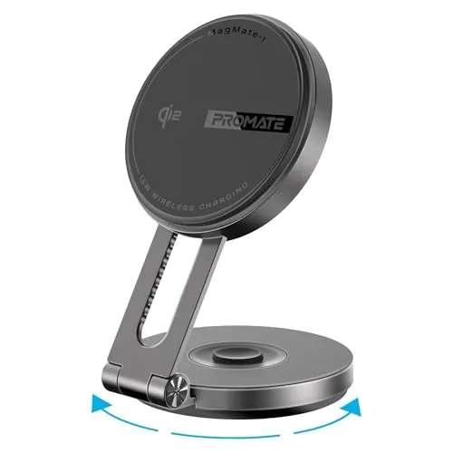 Promate Qi2 Certified Wireless Magnetic Car Charger Mount with 15W MagSafe Compatibility, Car Dashboard & LCD Screen Support, Adjustable Rotatable Swing Arm, Cradless 360 Design, FOD, MagMate-1