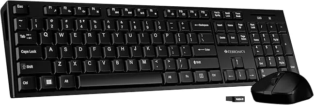 Zebronics Wireless Keyboard & Mouse Combo, 104 UV-Printed Keys,  Key, 12 Multimedia Keys, Retractable Stand, 4 Button Mouse, 1600 DPI, High Precision