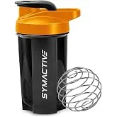 Amazon Brand - Symactive Plastic Shaker Bottle with Mixer Ball and Carry Loop | Protein Shaker | Leak-Resistant | (500ml, Blue/Orange)