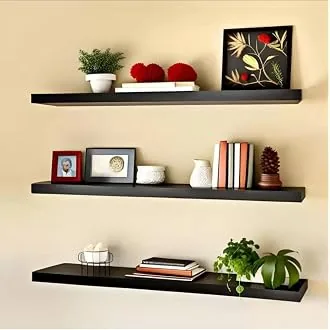 Modern Floating Wall Shelves Set of 3  Black Wooden Display Shelves for Living Room, Bedroom, Kitchen & Office | Wall Mounted Storage Rack for Books,