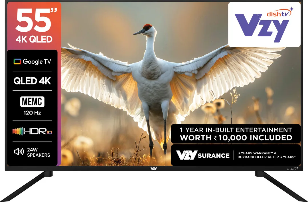 VZY by DishTV with DTH & OTT Subscription 140 cm (55 inch) QLED Ultra HD (4K) Smart Google TV 2026 Edition with 1-Year Premium Bundled Content Offerin
