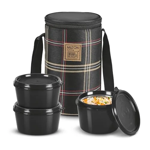 MILTON Lofty Lunch Box with Steel Cutlery, 3 Microwave Safe Inner Steel Leakproof & Airtight Containers (1 x 320 ml, 2 x 450 ml Each), with Insulated Bag, Perfect Office Tiffin, Black