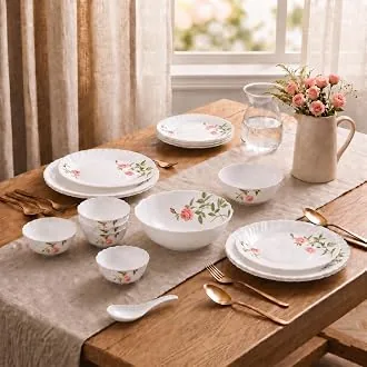Novo By La Opala Opalware Dinner Set 35 Pieces for Family of 6, Rose Garden | Microwave & Dishwasher Safe Crockery Set for Home, Bone-Ash Free Bowls &