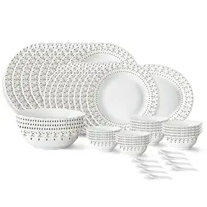 Ora Gold Fluted Series Opalware Dinner Set | 44 Pieces for Family of 8 | Microwave & Dishwasher Safe | Bone-Ash Free | Crockery Set for Dining & Gifti