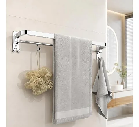 Amazon Basics Heavy Stainless Steel Foldable Towel Holder for Bathroom,Wall Mounted Towel Rod with Hooks, Space Saving Towe