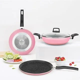 Borosil Festive Glory Nonstick Set of 4 Dosa Tawa (25 cm), Kadhai (24 cm), Fry Pan (24 cm) & Lid, Gas Stove & Induction Compatible, Metal Spoon Friend
