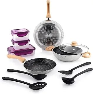 Crystal Aluminum 11 Pcs Non Stick Cookware Set with Induction Bottom | Tawa, Fry Pan, Kadhai with Lid, 4 Serving Spoons, 3 Containers | 4 Layer Non St