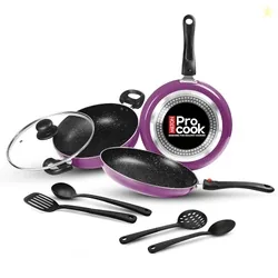 Milton Pro Cook Induction Cookware & Gas Stove Friendly Kitchen Jewel 7 Pc Non Stick Cookware Set | Fry Pan | Kadhai with Glass Lid | Dosa Tawa | Dura